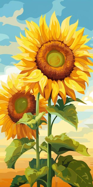 There are two sunflowers that are standing in the field generative ai