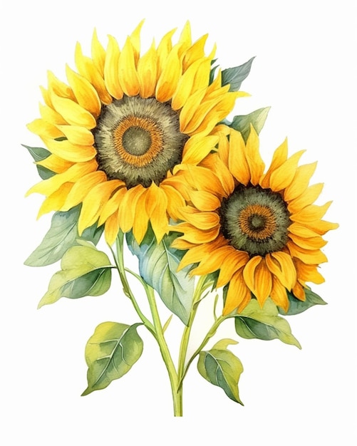 There are two sunflowers that are on a white background generative ai