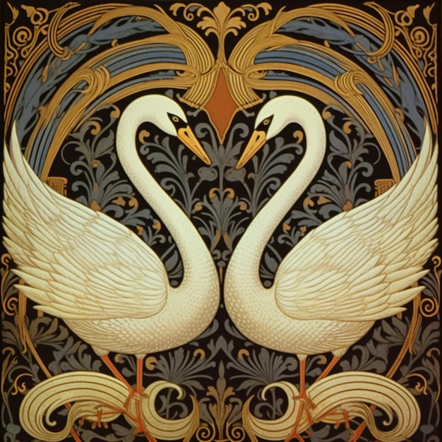 There are two swans that are standing in the middle of a painting generative ai