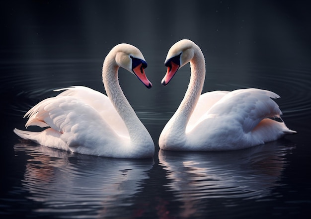 There are two swans that are swimming in the water generative ai