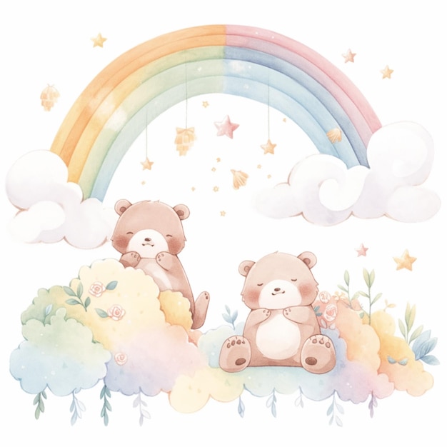 There are two teddy bears sitting on a cloud with a rainbow in the background generative ai