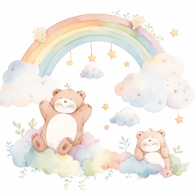 There are two teddy bears sitting on a cloud with a rainbow in the background generative ai