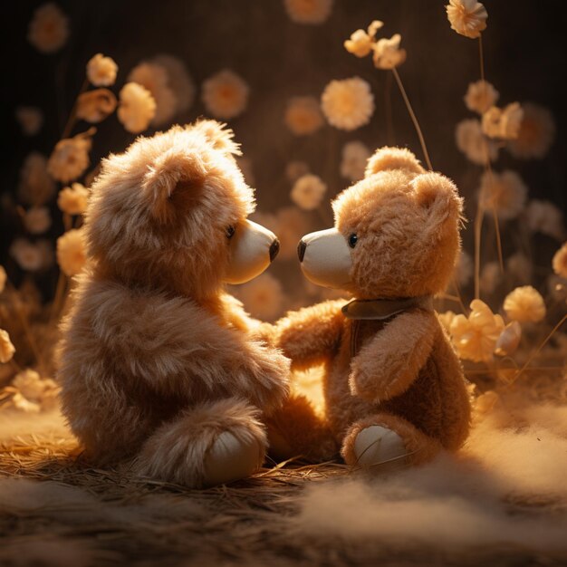 Photo there are two teddy bears sitting next to each other in a field generative ai