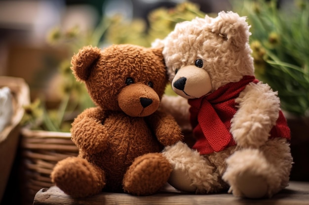 There are two teddy bears sitting next to each other on a table generative ai