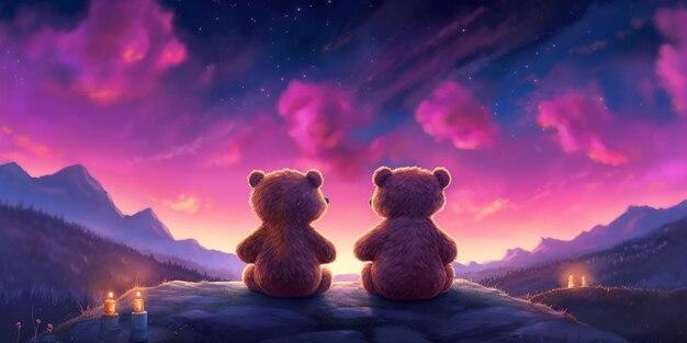 There are two teddy bears sitting on a rock looking at the sky generative ai