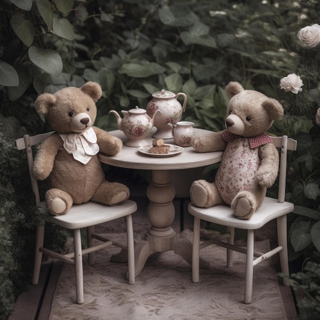 There are two teddy bears sitting at a table with tea pots generative ai