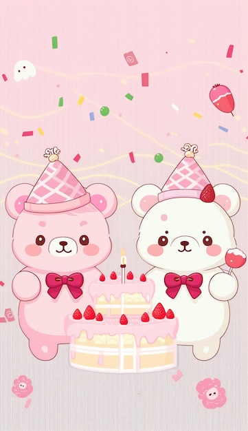 there are two teddy bears that are standing next to a cake generative ai