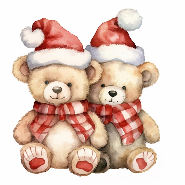 there are two teddy bears wearing santa hats and scarves generative ai