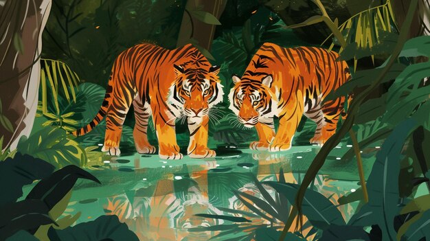 there are two tigers standing in the water near the trees generative ai