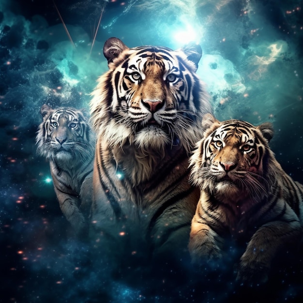 There are two tigers that are standing in the dark generative ai
