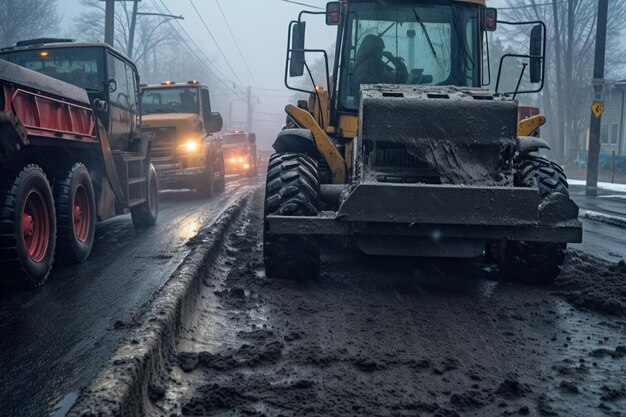 there are two tractors that are driving down the road in the snow generative ai