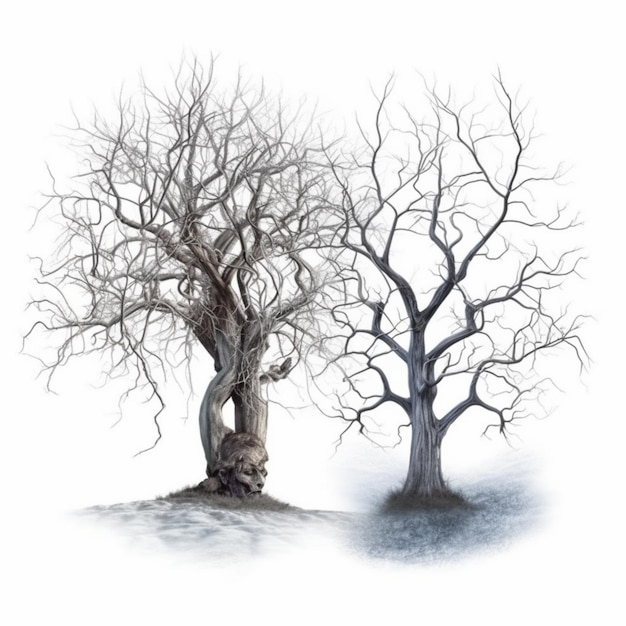 Photo there are two trees that are standing in the snow generative ai