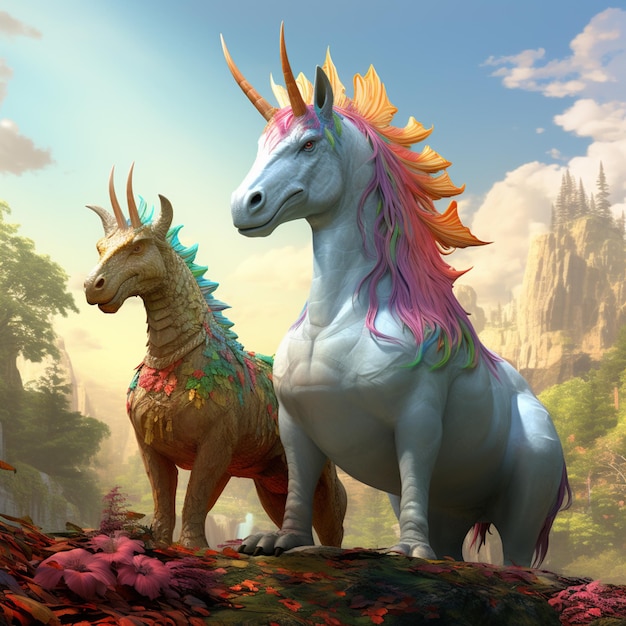 there are two unicorns standing next to each other in a forest generative ai