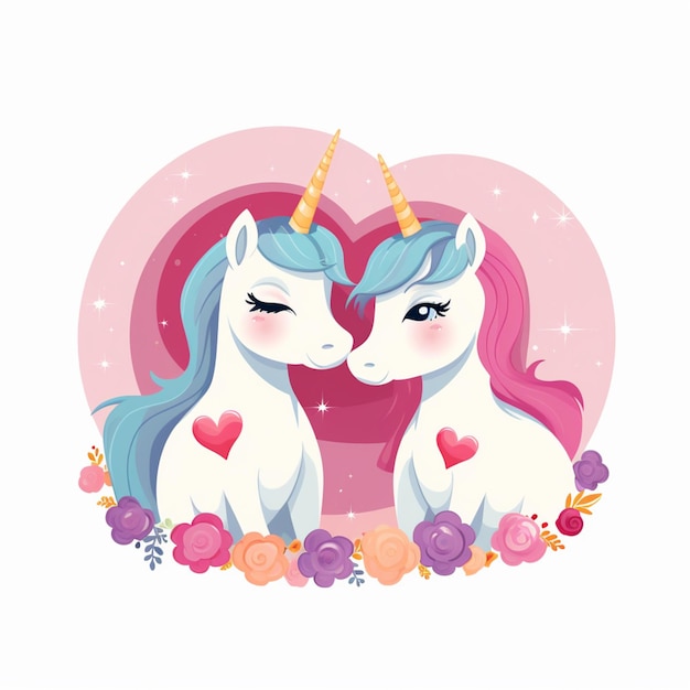 Photo there are two unicorns that are kissing each other in the middle of a heart generative ai