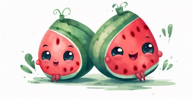 there are two watermelons with faces and eyes that are smiling generative ai