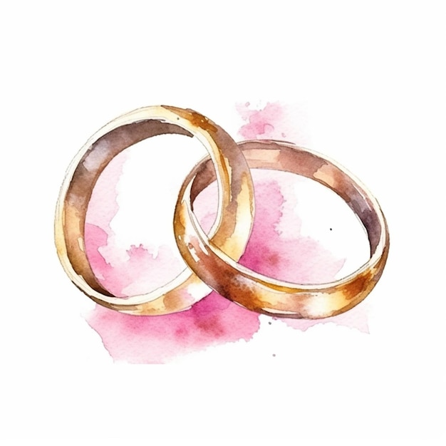 There are two wedding rings on a pink watercolor background generative ai