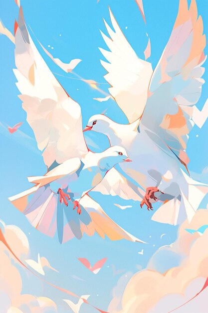 there are two white birds flying in the sky together generative ai