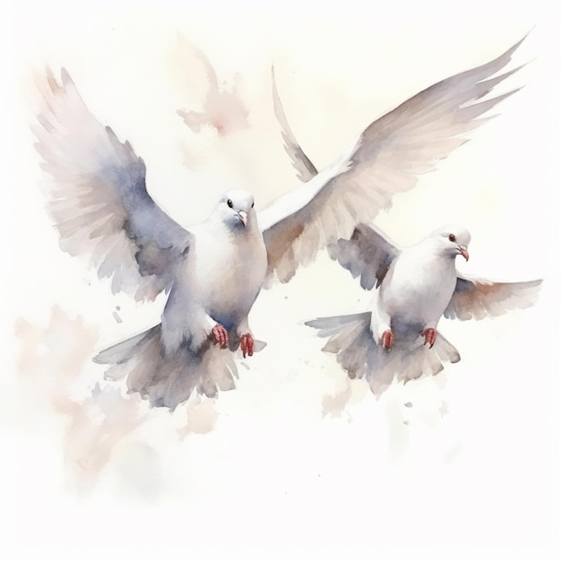 Photo there are two white birds flying in the sky together generative ai