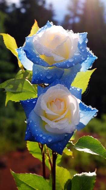 there are two white and blue roses with water droplets on them generative ai