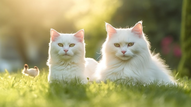 There are two white cats sitting in the grass with a bird generative ai