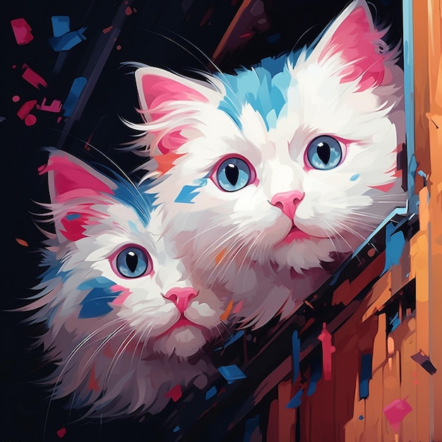 there are two white cats sitting on a ledge looking out of a window generative ai