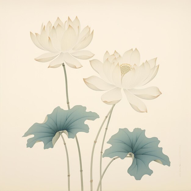 사진 파란색 잎을 가진 꽃병에 두 개의  ⁇  꽃이 있습니다.