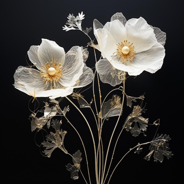 there are two white flowers that are in a vase generative ai