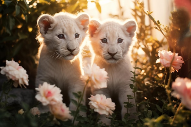 写真 花を持った茂みの中に2頭のホワイトライオンが座っている生成ai