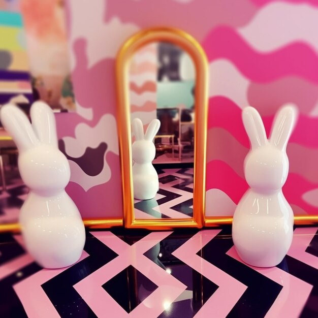 there are two white rabbits sitting in front of a mirror generative ai