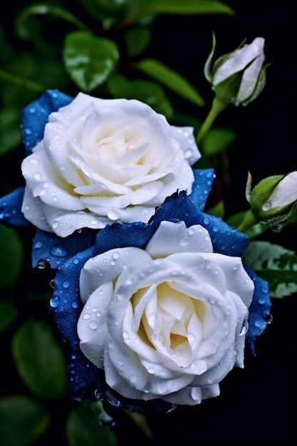 there are two white roses with water droplets on them generative ai