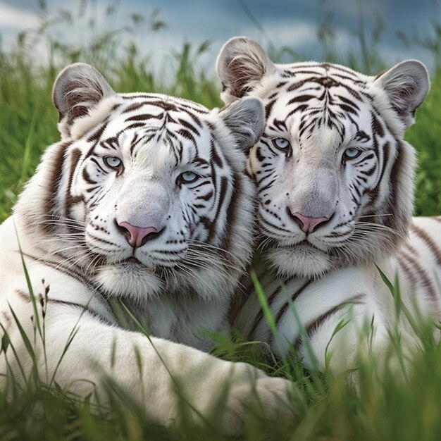 There are two white tigers laying in the grass together generative ai