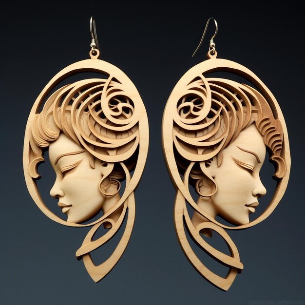 there are two wooden earrings with a womans face on them generative ai