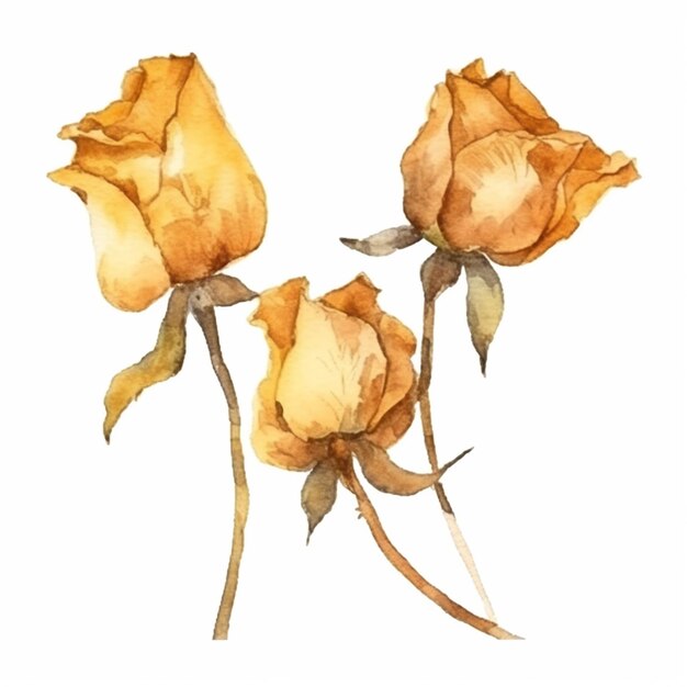 There are two yellow roses that are on a white background generative ai