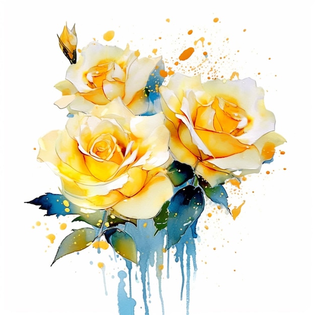 There are two yellow roses with blue leaves on a white background generative ai