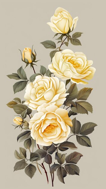 there are two yellow roses with green leaves on a gray background generative ai