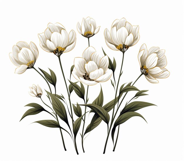 There are white flowers with green leaves on a white background generative ai