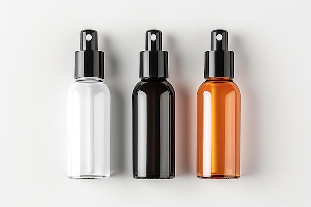 There are white orange and black bottles for serums placed on a white background This is a cosmet