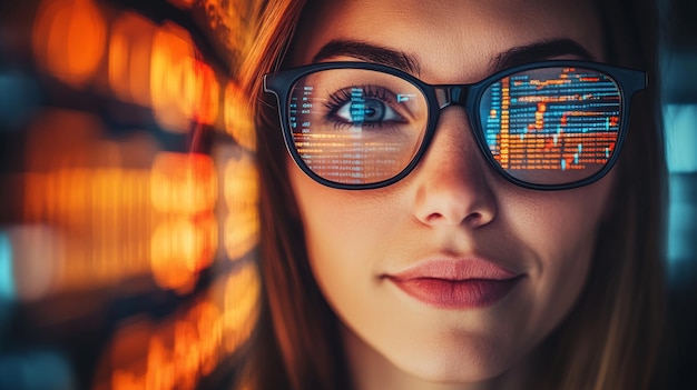 有戴眼镜的妇女在阅读HTML脚本,编程网络安全研究,以及数据分析和数据全息图.