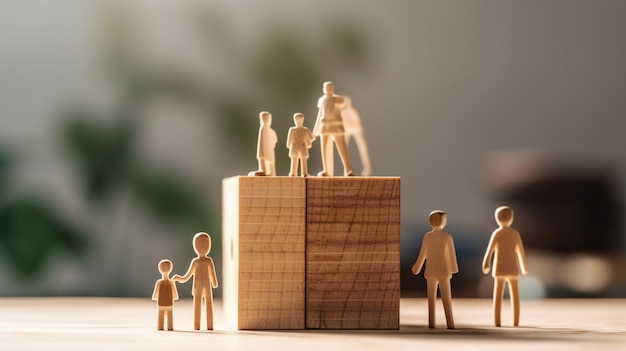 There are wooden figures of people standing on a block generative ai