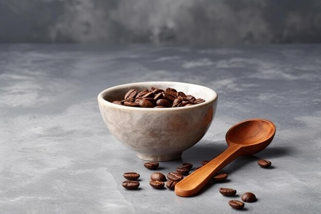 There are wooden spoons and coffee beans in a cup on a grey plaster background horizontal