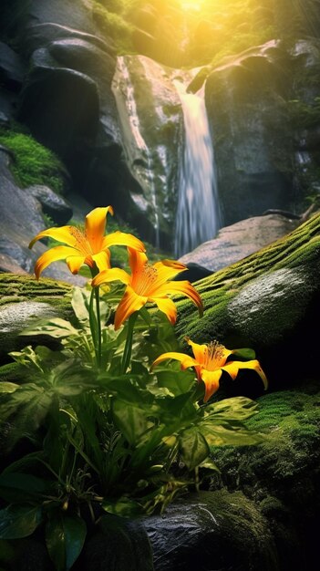 there are yellow flowers growing in front of a waterfall generative ai