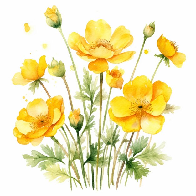 there are yellow flowers that are painted in watercolor on a white background generative ai