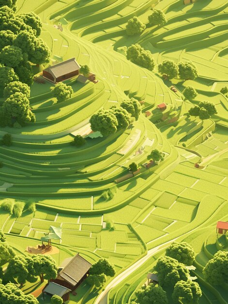 there is a 3d image of a farm and a village generative ai