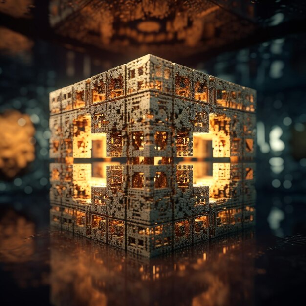 there is a 3d image of a glowing cube on a table generative ai