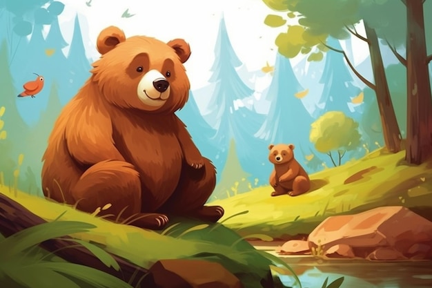 Фото На холме сидят медведь и медвежонок генеративный ии