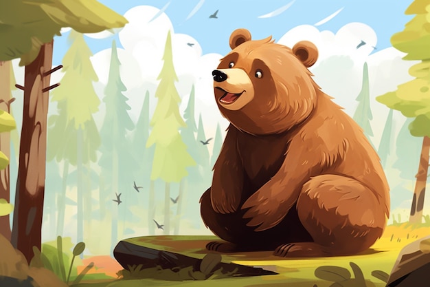 Фото В лесу на камне сидит медведь с генеративным искусственным интеллектом