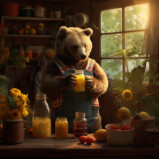 写真 アイを生成するジュースの瓶を握っているクマがあります