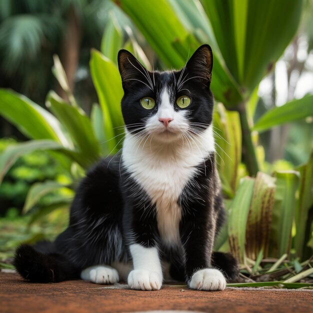 Фото Есть черно-белая кошка, сидящая на деревянной скамейке.