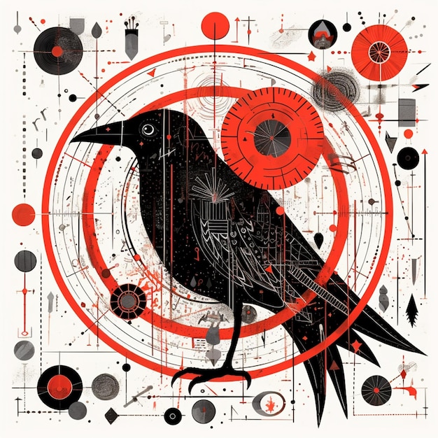 Фото Есть черная птица, сидящая на красном круге.