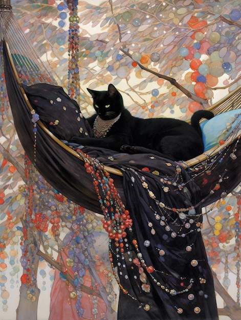 Фото В гамаке лежит черная кошка с бусами, генеративным искусственным интеллектом